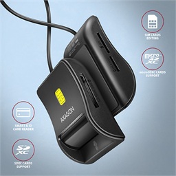 AXAGON CRE-SM3SD, USB-A FlatReader čtečka Smart card (eObčanka) + SD microSD SIM, kabel 1.3 m