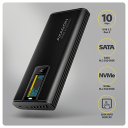 AXAGON EEM2-SD2B, USB-C 10Gbps externí box s displejem pro M.2 NVMe SATA SSD, bezšroubkový, černý