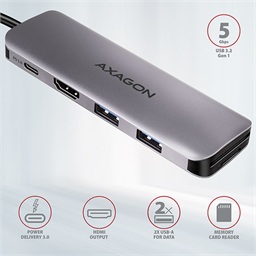 AXAGON HMC-5, USB 3.2 Gen 1 hub, porty 2x USB-A, HDMI, SD microSD slot, PD 100W, kabel USB-C 20cm