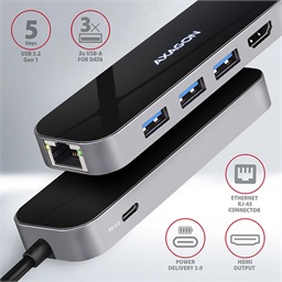 AXAGON HMC-6GL, USB 3.2 Gen 1 hub, 3x USB-A, HDMI 4k 30Hz, RJ-45 GLAN, PD 100W, kabel USB-C 20cm