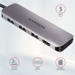 AXAGON HMC-HCR3A, USB 3.2 Gen 1 hub, porty 3x USB-A, HDMI 4k 30Hz, SD microSD, kabel USB-C 20cm