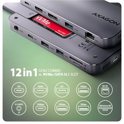 AXAGON HMC-12GM2, USB 10Gbps hub, 3x USB-A, USB-C, HDMI, DP, RJ-45 GLAN, M.2, SD mSD, audio, PD