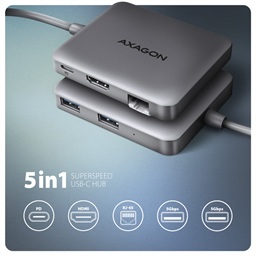 AXAGON HMC-5HL, USB 5Gbps hub, 2x USB-A, HDMI 4k 60Hz, RJ-45 GLAN, PD 100W, kabel USB-C 20cm