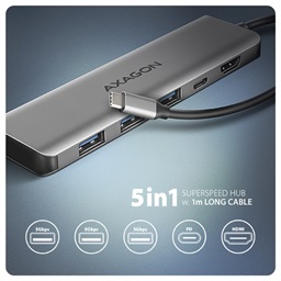 AXAGON HMC-5H, USB 5Gbps hub, 3x USB-A, HDMI 4k 30Hz, PD 100W, kabel USB-C 100cm