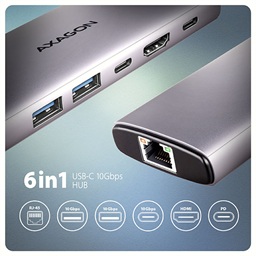 AXAGON HMC-6G2L, USB 10Gb s hub, 2x USB-A, 1x USB-C, HDMI 4k 60, RJ-45, PD 100W, kabel USB-C 15cm