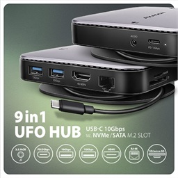 AXAGON HMC-UFO, USB 10Gbps hub, 2x USB-A, USB-C, HDMI 4k 60, RJ-45, M.2 slot, SD mSD, audio, PD