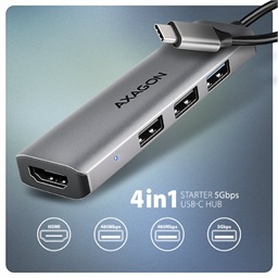 AXAGON HMC-H3A, USB 5Gbps hub, 3x USB-A, HDMI 4k 30Hz, kabel USB-C 15cm