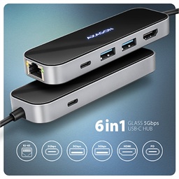 AXAGON HMC-6GLN, USB 5Gbps hub, 2x USB-A, USB-C, HDMI 4k 60Hz, RJ-45 GLAN, PD 100W, kabel USB-C 20cm