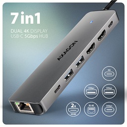 AXAGON HMC-7HX2, USB 5Gbps hub, 2x USB-A, USB-C, 2x HDMI 4k 60Hz, RJ-45 GLAN, PD 100W, kabel 15cm