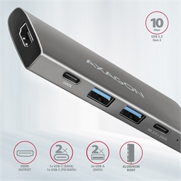 AXAGON HMC-5G21, USB 10Gb s hub, porty 2x USB-A, 2x USB-C, HDMI 4k 30, PD 60W, kabel USB-C 13cm