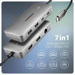 AXAGON HMC-CUB83X2, USB 10Gbps hub, 2x USB-A, USB-C, HDMI & DP 4k 144Hz, RJ-45, PD 100W, kabel 15cm