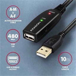 AXAGON ADR-210, USB 2.0 A-M -> A-F aktivní prodlužovací repeater kabel, 10m