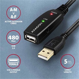 AXAGON ADR-205, USB 2.0 A-M -> A-F aktivní prodlužovací repeater kabel, 5m