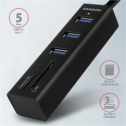 AXAGON HMA-CR3A, USB 3.2 Gen 1 hub, porty 3x USB-A + čtečka karet SD microSD, kovový, kabel USB-A 20