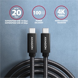 AXAGON BUCM32-CM20AB, SPEED+ kabel USB-C <-> USB-C, 2m, USB 20Gbps, PD 100W 5A, 4K HD, ALU, oplet
