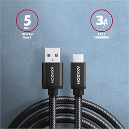 AXAGON BUCM3-AM15AB, SPEED kabel USB-C <-> USB-A, 1.5m, USB 3.2 Gen 1, 3A, ALU, oplet, černý