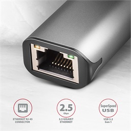 AXAGON ADE-25RC USB-A 3.2 Gen 1 - 2.5 Gigabit Ethernet síťová karta, Realtek 8156, auto install,šedá