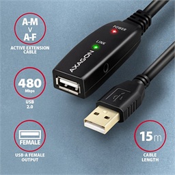 AXAGON ADR-215, USB 2.0 A-M -> A-F aktivní prodlužovací repeater kabel, 15m