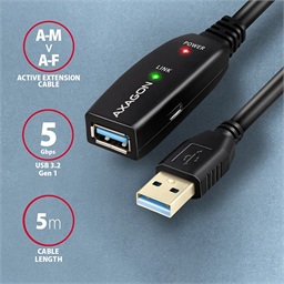 AXAGON ADR-305, USB 3.2 Gen 1 A-M -> A-F aktivní prodlužovací repeater kabel, 5m