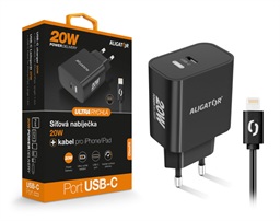 Chytrá síťová nabíječka ALIGATOR Power Delivery 20W, USB-C kabel pro iPhone iPad, černá