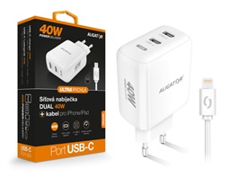 Chytrá síťová nabíječka ALIGATOR Power Delivery 40W, 2xUSB-C, USB-C kabel pro iPhone iPad, bílá