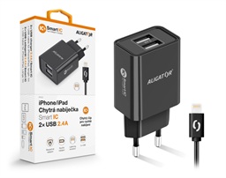 Chytrá síťová nabíječka ALIGATOR 2,4A, 2xUSB, smart IC, černá, USB kabel pro iPhone iPad