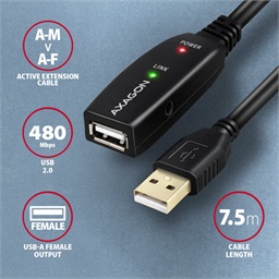 AXAGON ADR-207, USB 2.0 A-M -> A-F aktivní prodlužovací repeater kabel, 7.5m