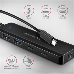 AXAGON HUE-C2C, 4× USB 5Gbps TRAVEL hub, 2× USB-A + 2× USB-C, USB-C napájení, kabel USB-C 19cm
