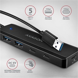 AXAGON HUE-C2A, 4× USB 5Gbps TRAVEL hub, 2× USB-A + 2× USB-C, USB-C napájení, kabel USB-A 19cm